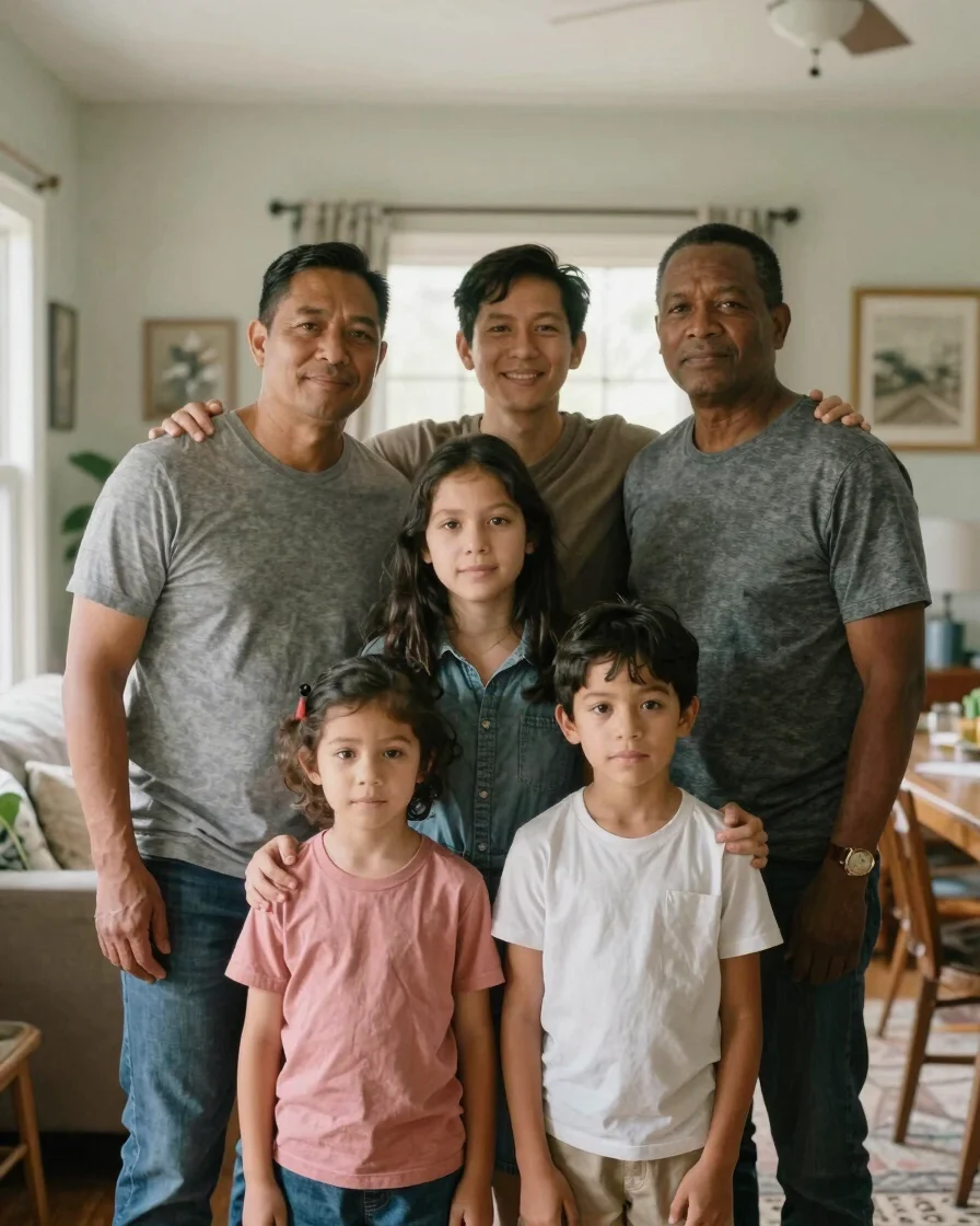 Authentic portrait of a diverse American family embracing in a wa